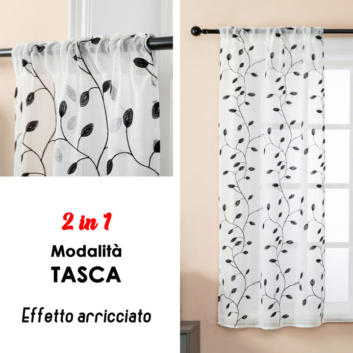COPPIA TENDE BALI FILTRANTI IN SIMIL LINO FANTASIA RAMPICANTI 2X70X140CM NERO