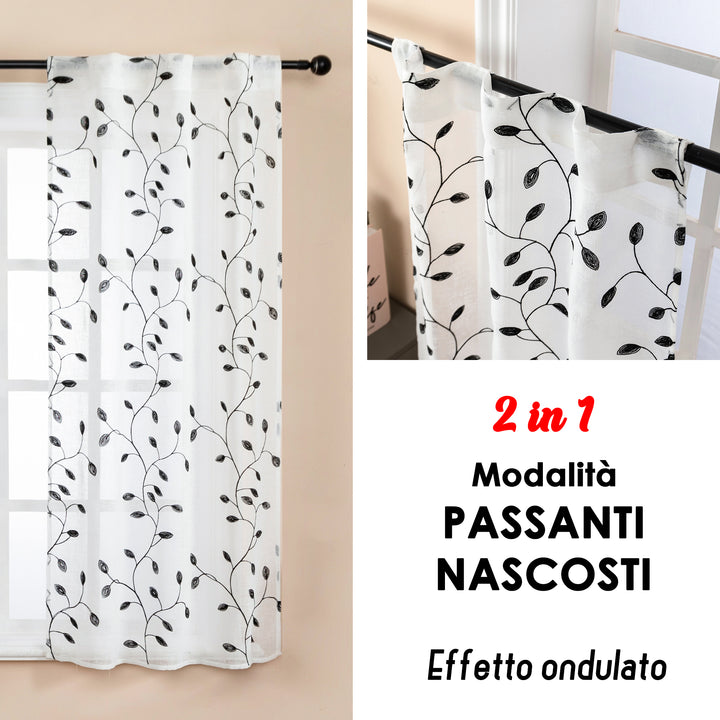 COPPIA TENDE BALI FILTRANTI IN SIMIL LINO FANTASIA RAMPICANTI 2X70X140CM NERO