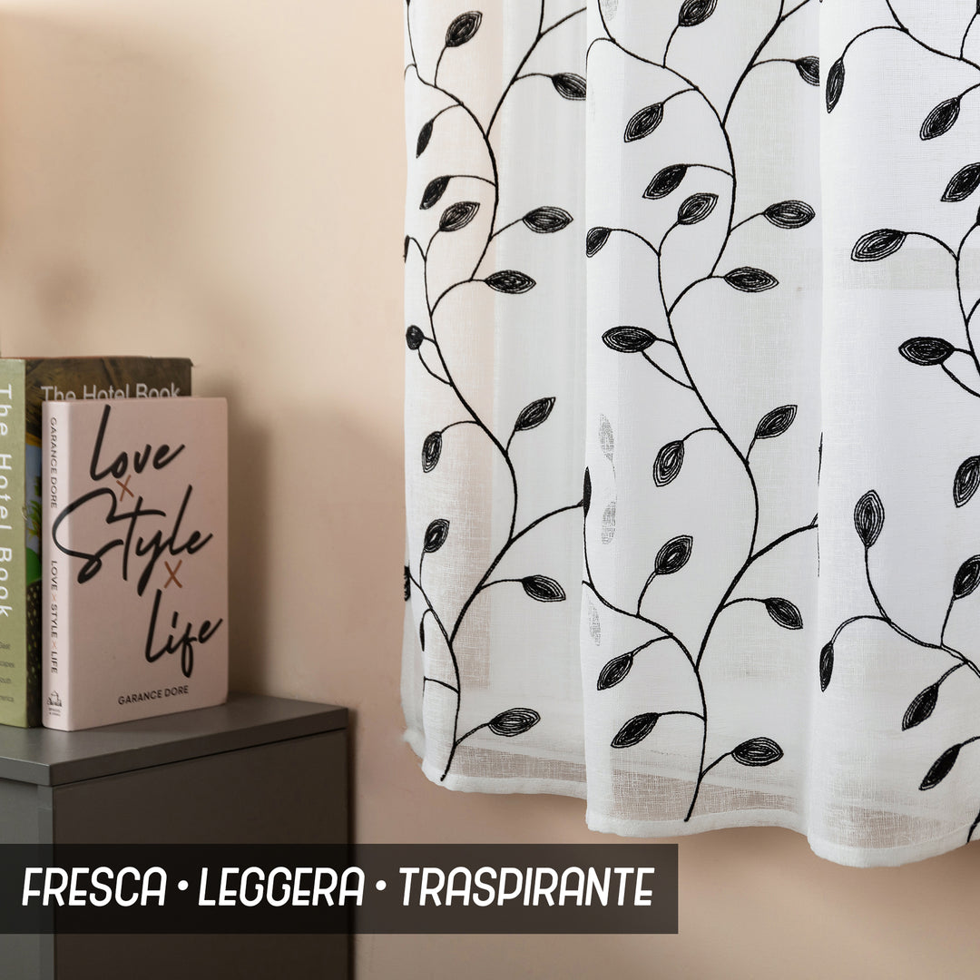 COPPIA TENDE BALI FILTRANTI IN SIMIL LINO FANTASIA RAMPICANTI 2X70X140CM NERO