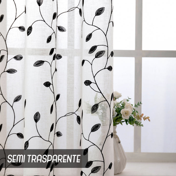 COPPIA TENDE BALI FILTRANTI IN SIMIL LINO FANTASIA RAMPICANTI 2X70X140CM NERO