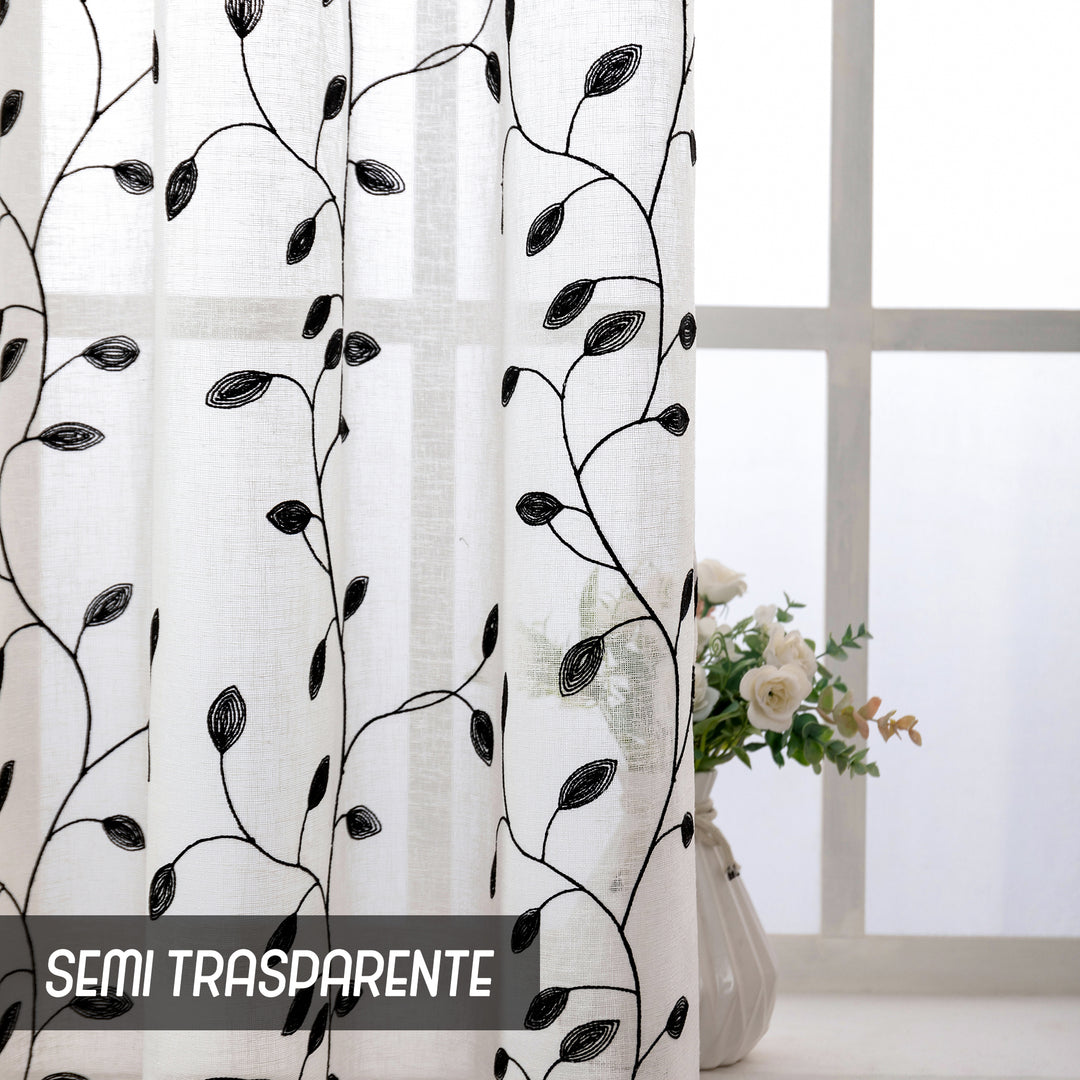 COPPIA TENDE BALI FILTRANTI IN SIMIL LINO FANTASIA RAMPICANTI 2X70X240CM NERO