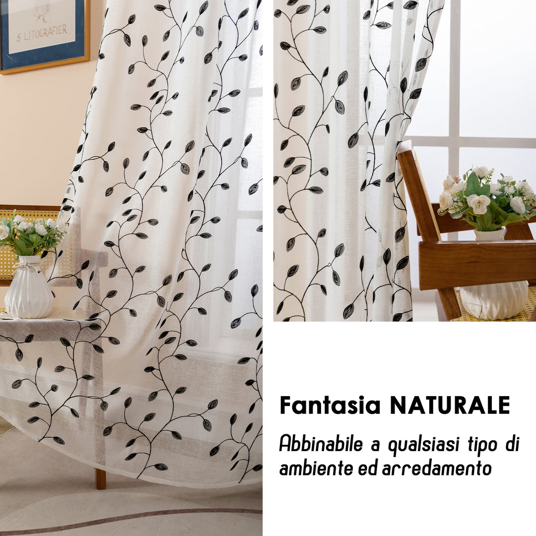 COPPIA TENDE BALI FILTRANTI IN SIMIL LINO FANTASIA RAMPICANTI 2X70X140CM NERO