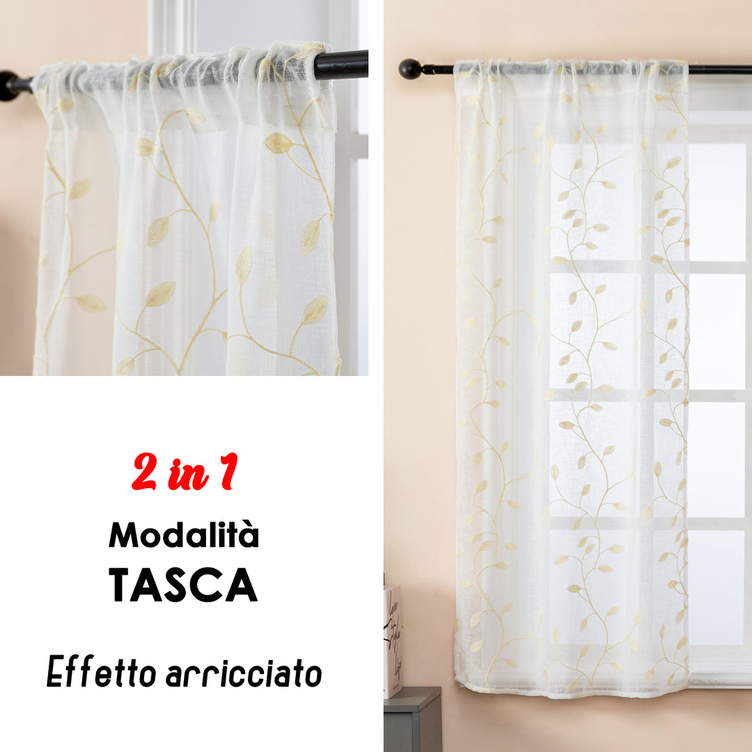 COPPIA TENDE BALI FILTRANTI IN SIMIL LINO FANTASIA RAMPICANTI 2X55X120CM CREMA