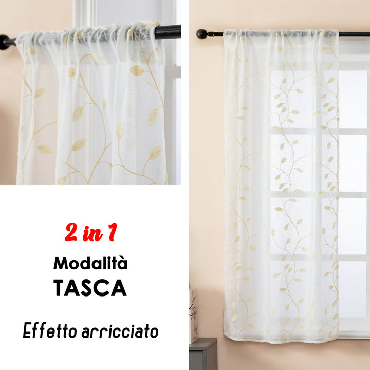 COPPIA TENDE BALI FILTRANTI IN SIMIL LINO FANTASIA RAMPICANTI 2X55X120CM CREMA