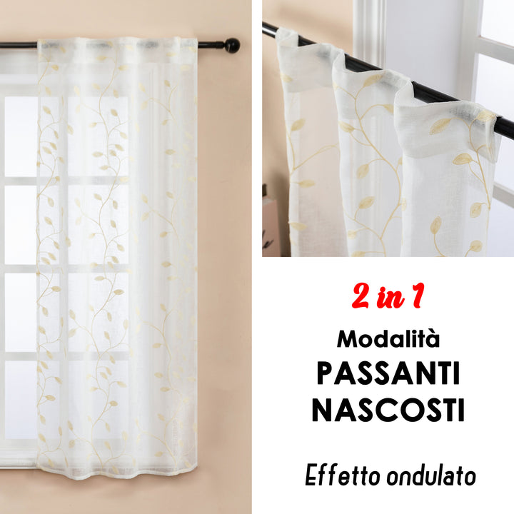 COPPIA TENDE BALI FILTRANTI IN SIMIL LINO FANTASIA RAMPICANTI 2X55X120CM CREMA