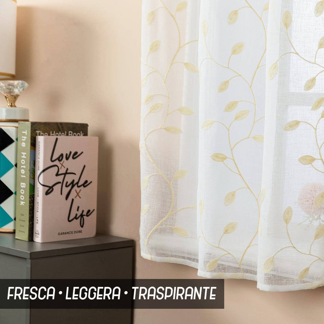 COPPIA TENDE BALI FILTRANTI IN SIMIL LINO FANTASIA RAMPICANTI 2X55X120CM CREMA