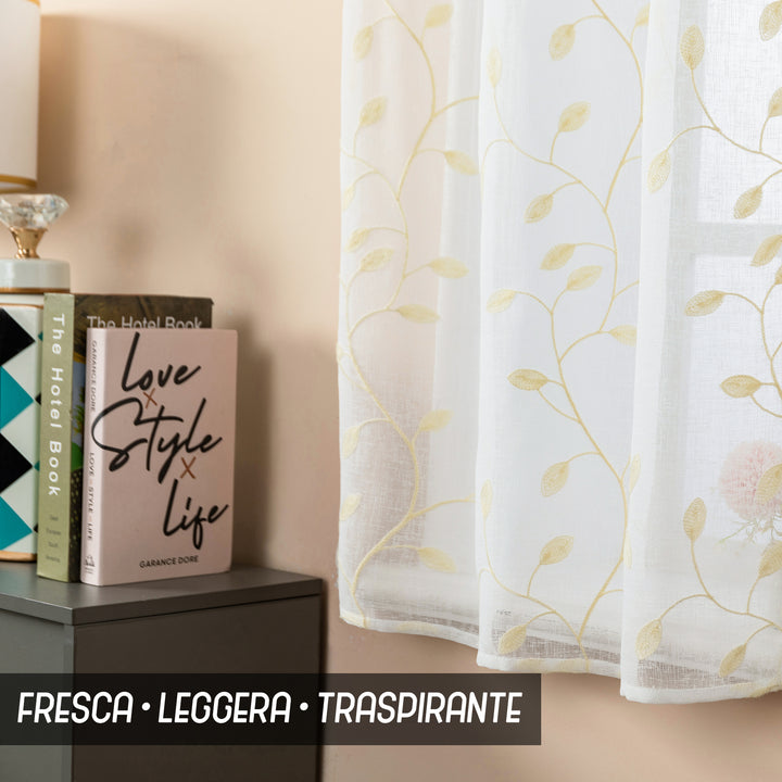 COPPIA TENDE BALI FILTRANTI IN SIMIL LINO FANTASIA RAMPICANTI 2X55X120CM CREMA