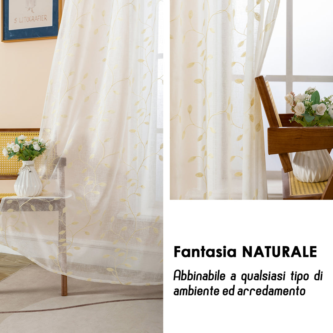 COPPIA TENDE BALI FILTRANTI IN SIMIL LINO FANTASIA RAMPICANTI 2X55X120CM CREMA
