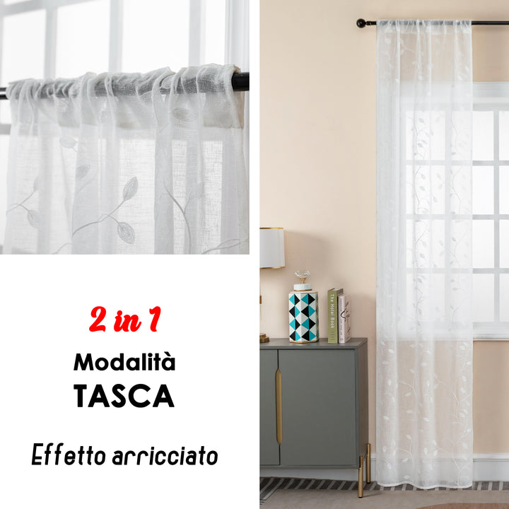 COPPIA TENDE BALI FILTRANTI IN SIMIL LINO FANTASIA RAMPICANTI 2X70X240CM BIANCO