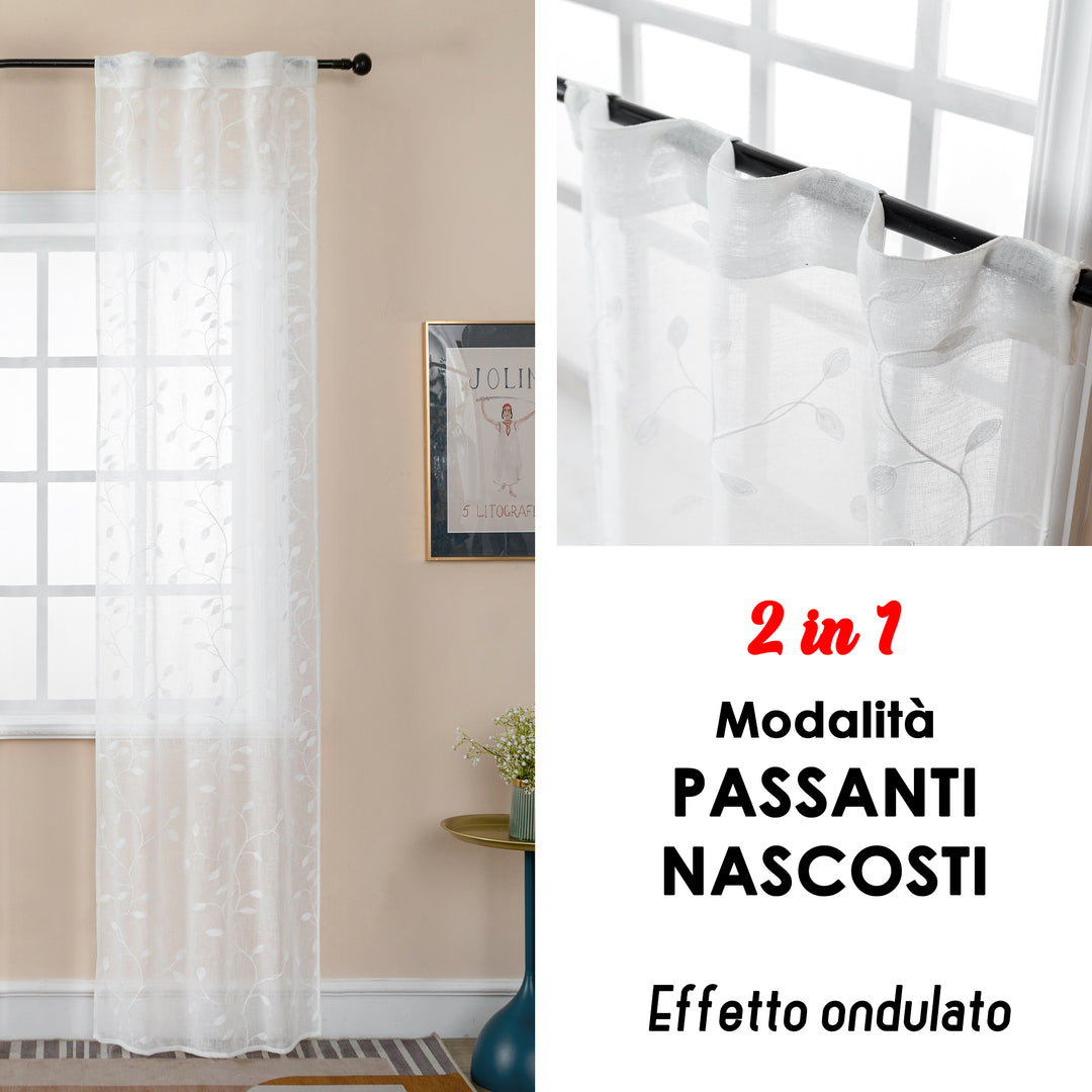 COPPIA TENDE BALI FILTRANTI IN SIMIL LINO FANTASIA RAMPICANTI 2X70X240CM BIANCO
