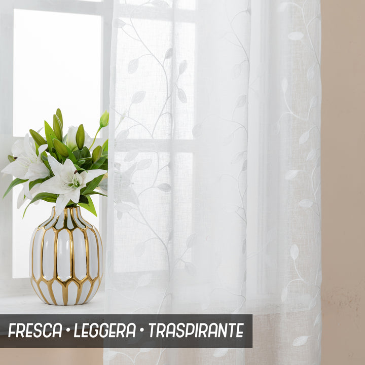 COPPIA TENDE BALI FILTRANTI IN SIMIL LINO FANTASIA RAMPICANTI 2X70X240CM BIANCO