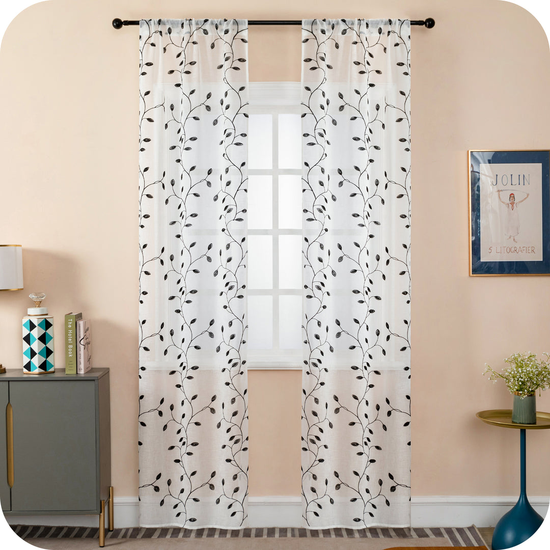 COPPIA TENDE BALI FILTRANTI IN SIMIL LINO FANTASIA RAMPICANTI 2X70X240CM NERO
