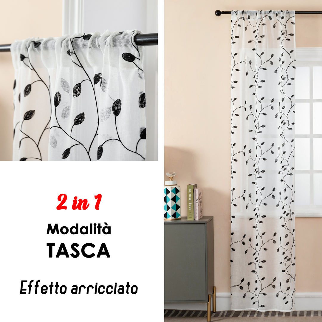 COPPIA TENDE BALI FILTRANTI IN SIMIL LINO FANTASIA RAMPICANTI 2X70X240CM NERO