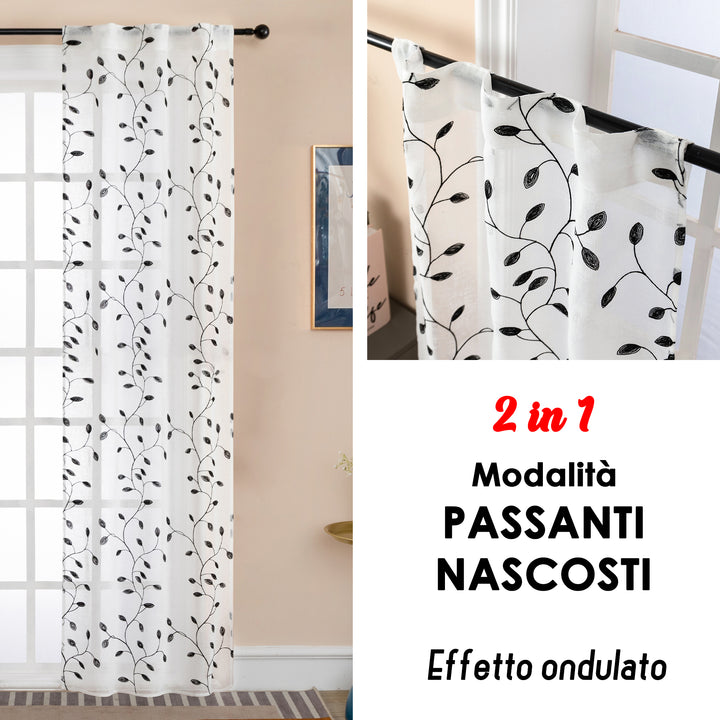 COPPIA TENDE BALI FILTRANTI IN SIMIL LINO FANTASIA RAMPICANTI 2X70X240CM NERO