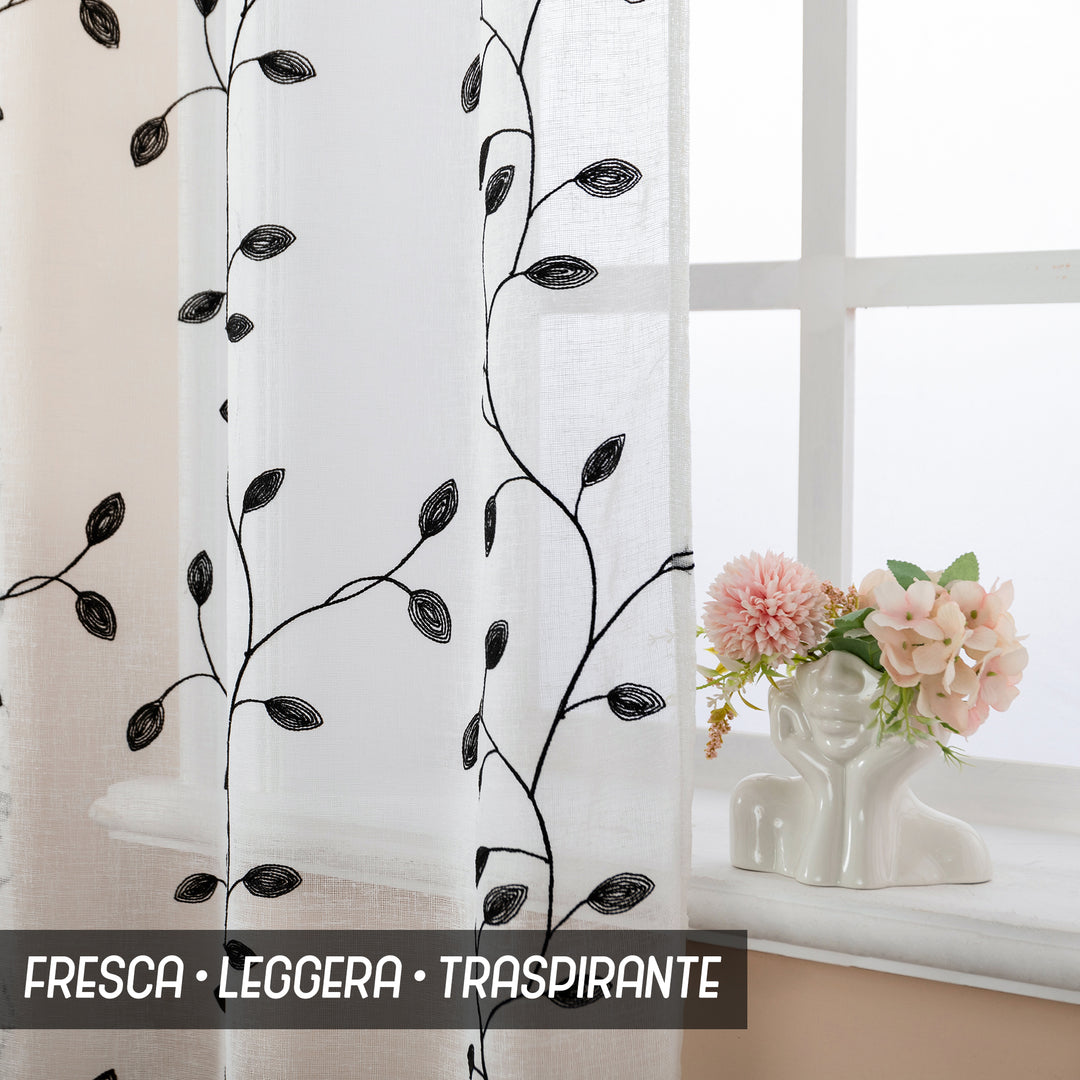 COPPIA TENDE BALI FILTRANTI IN SIMIL LINO FANTASIA RAMPICANTI 2X70X240CM NERO