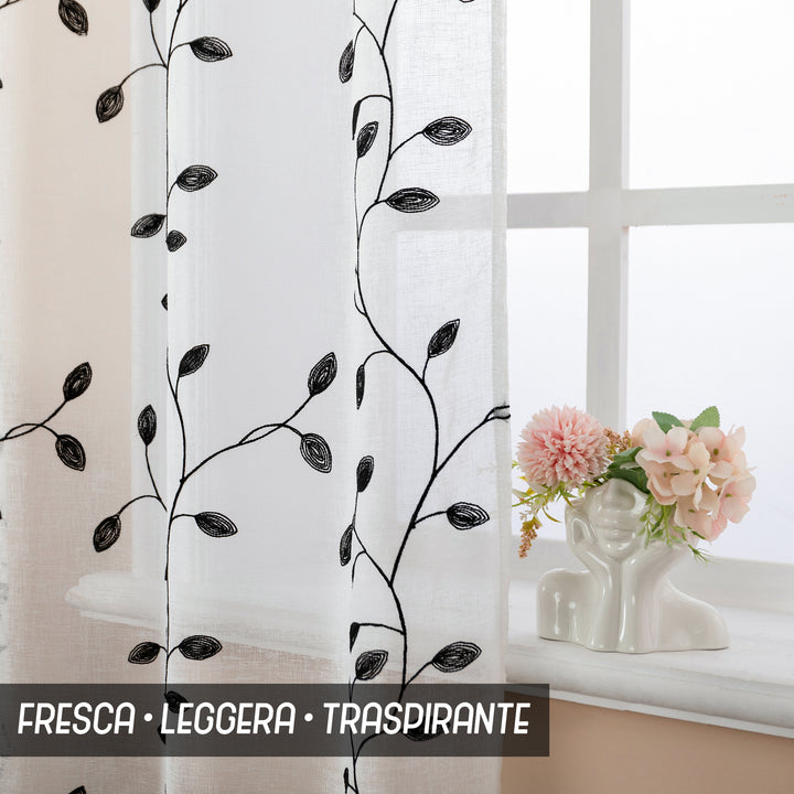 COPPIA TENDE BALI FILTRANTI IN SIMIL LINO FANTASIA RAMPICANTI 2X70X240CM NERO