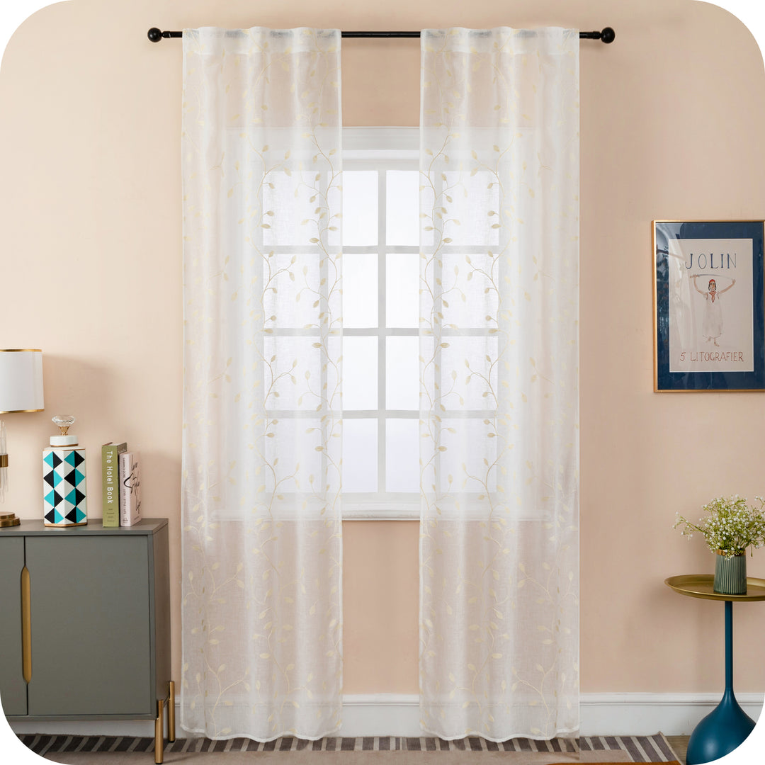 COPPIA TENDE BALI FILTRANTI IN SIMIL LINO FANTASIA RAMPICANTI 2X70X240CM CREMA