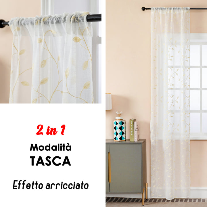 COPPIA TENDE BALI FILTRANTI IN SIMIL LINO FANTASIA RAMPICANTI 2X70X240CM CREMA