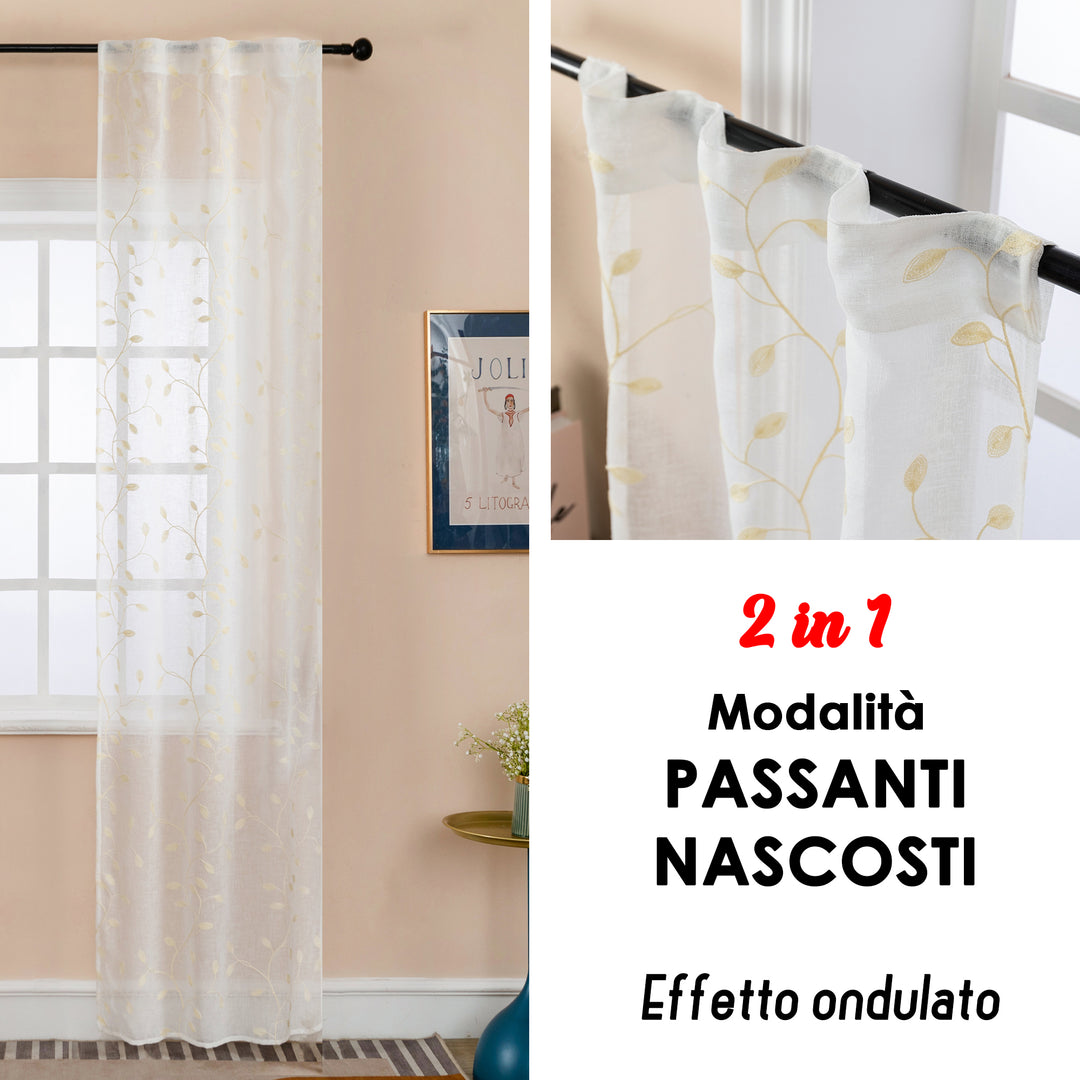 COPPIA TENDE BALI FILTRANTI IN SIMIL LINO FANTASIA RAMPICANTI 2X70X240CM CREMA