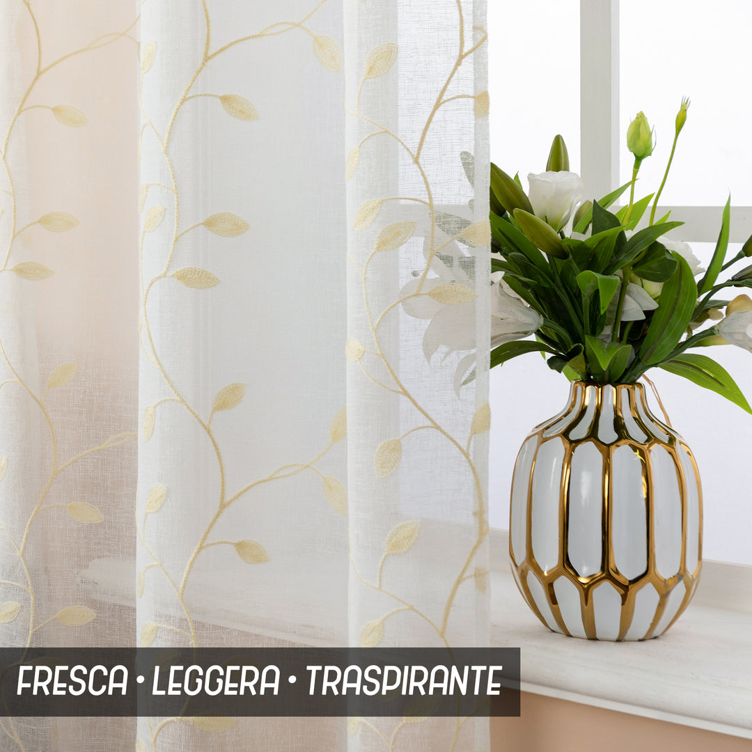 COPPIA TENDE BALI FILTRANTI IN SIMIL LINO FANTASIA RAMPICANTI 2X70X240CM CREMA