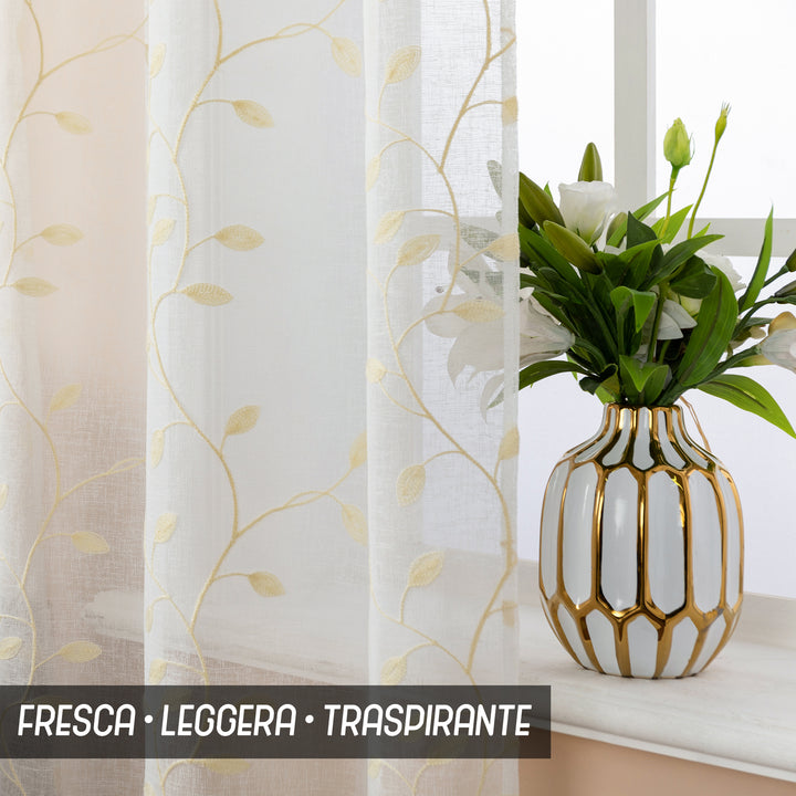 COPPIA TENDE BALI FILTRANTI IN SIMIL LINO FANTASIA RAMPICANTI 2X70X240CM CREMA