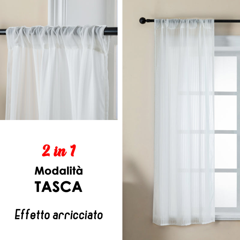 COPPIA TENDE FILTRANTI FANTASIA A RIGHE VERTICALI 2X70X145CM BIANCO