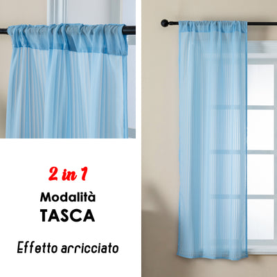 COPPIA TENDE FILTRANTI FANTASIA A RIGHE VERTICALI 2X70X145CM CELESTE