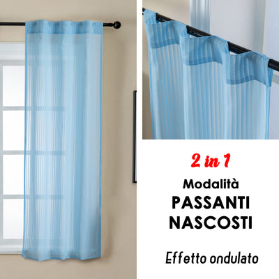 COPPIA TENDE FILTRANTI FANTASIA A RIGHE VERTICALI 2X70X145CM CELESTE