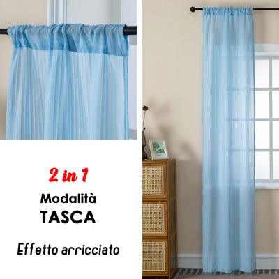 COPPIA TENDE FILTRANTI FANTASIA A RIGHE VERTICALI 2X70X235CM CELESTE