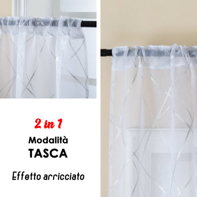 COPPIA TENDE TENERIFE VOILE FILTRANTI FANTASIA GEOMETRICA 2X70X235CM ARGENTO