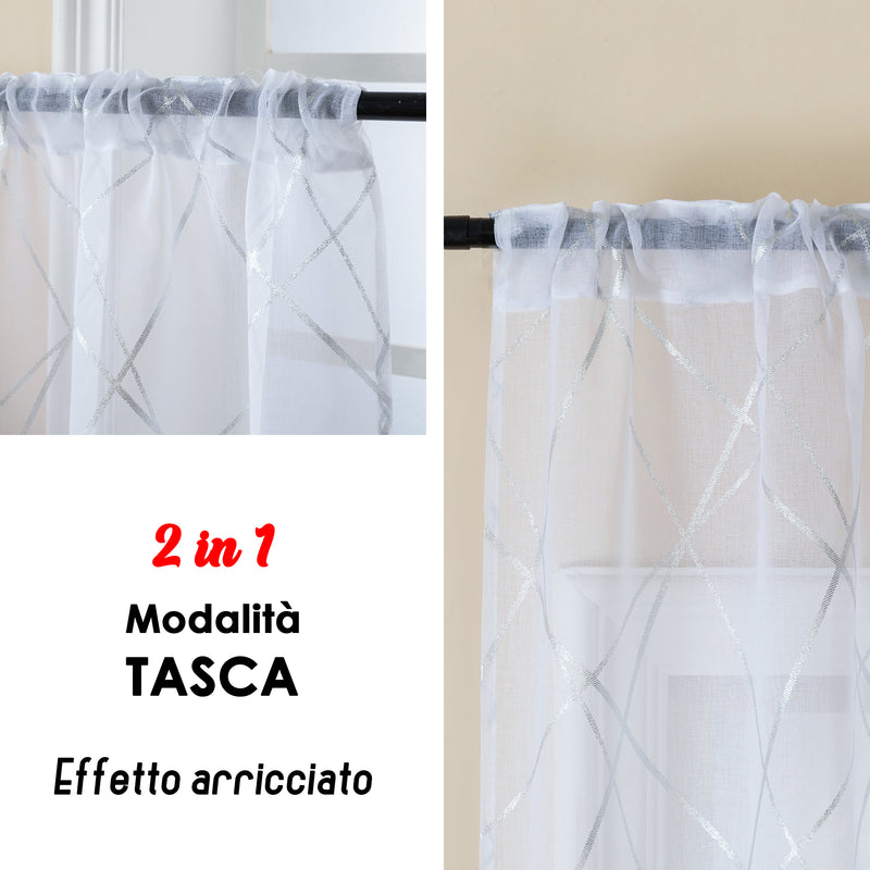 COPPIA TENDE TENERIFE VOILE FILTRANTI FANTASIA GEOMETRICA 2X70X235CM ARGENTO