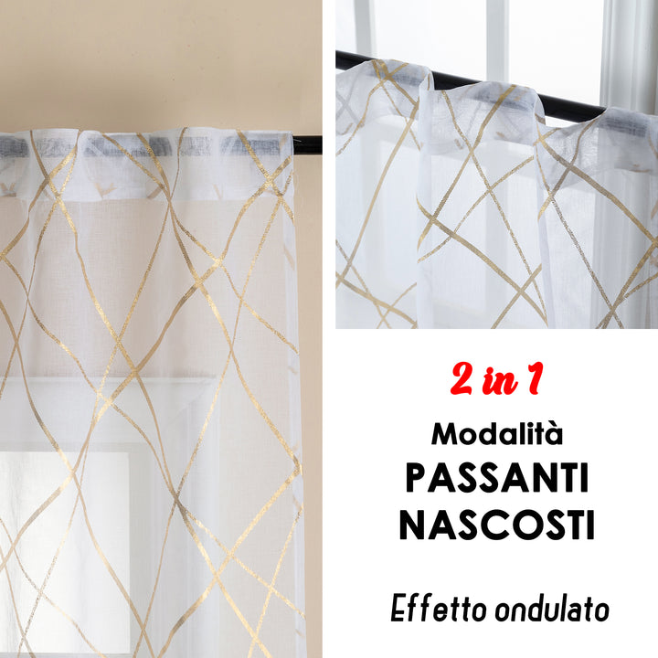 COPPIA TENDE TENERIFE VOILE FILTRANTI FANTASIA GEOMETRICA 2X70X235CM ORO