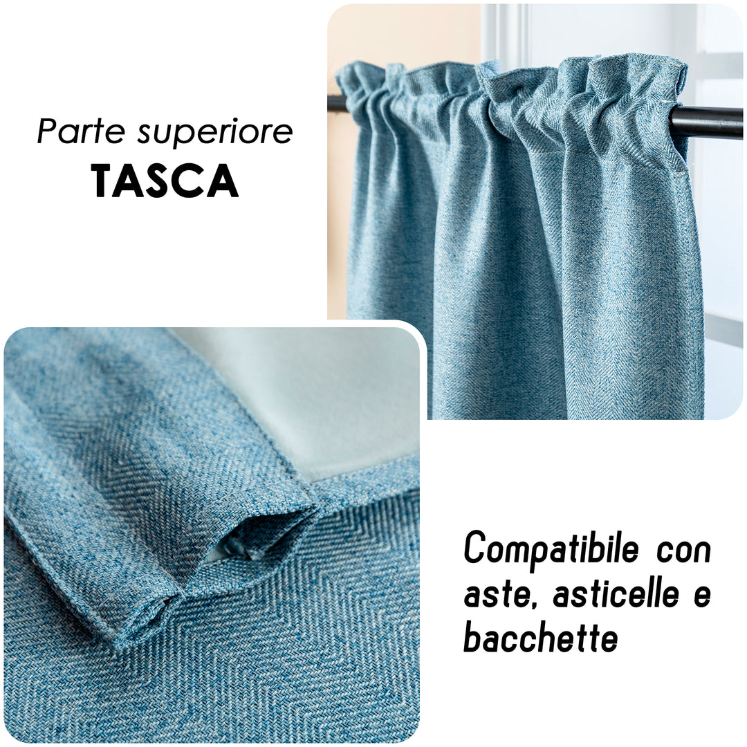 COPPIA TENDE SEMI OSCURANTI IN SIMIL LINO TRAMA SPIGATA 2X70X135CM AZZURRO