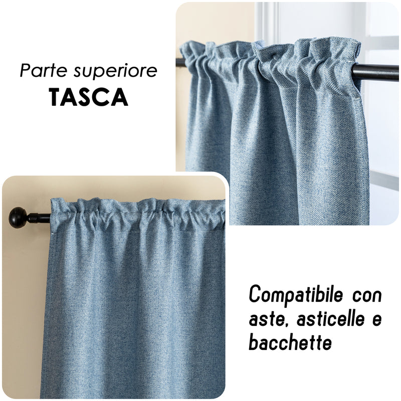 COPPIA TENDE SEMI OSCURANTI IN SIMIL LINO TRAMA SPIGATA 2X70X235CM AZZURRO