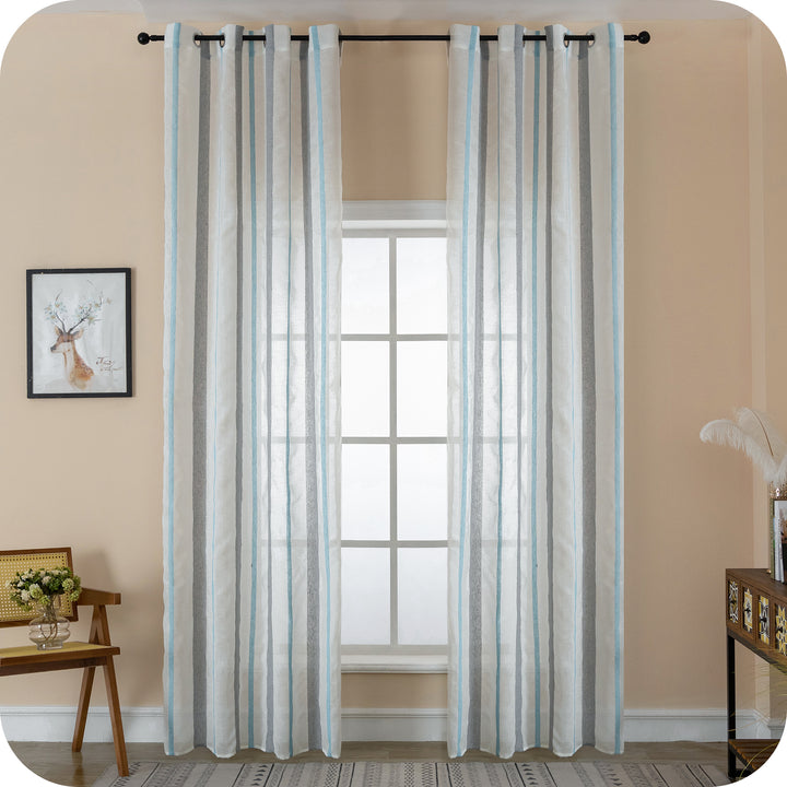 TENDA FILTRANTE EFFETTO LINO A RIGHE 1 PANNELLO 140X275CM GRIGIO+CELESTE