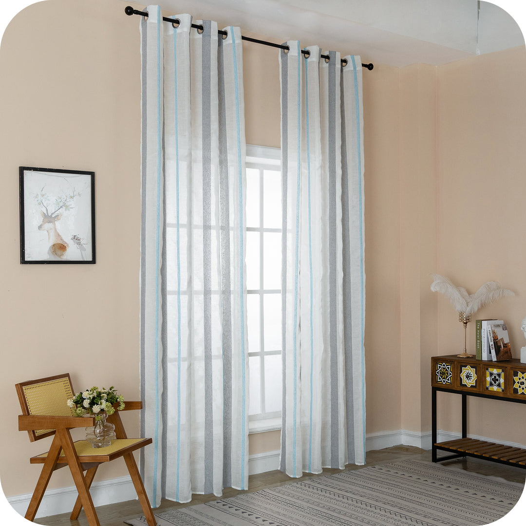 TENDA FILTRANTE EFFETTO LINO A RIGHE 1 PANNELLO 140X275CM GRIGIO+CELESTE