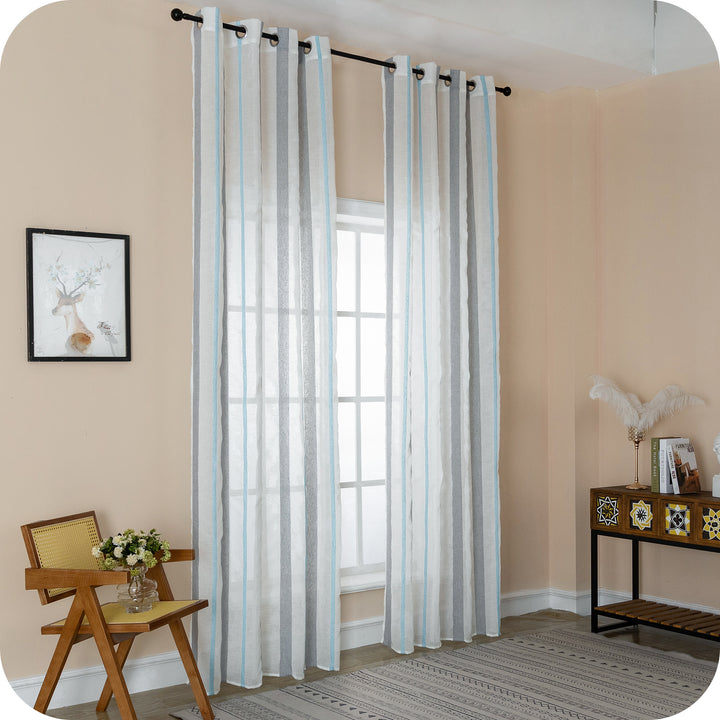 TENDA FILTRANTE EFFETTO LINO A RIGHE 1 PANNELLO 140X275CM GRIGIO+CELESTE
