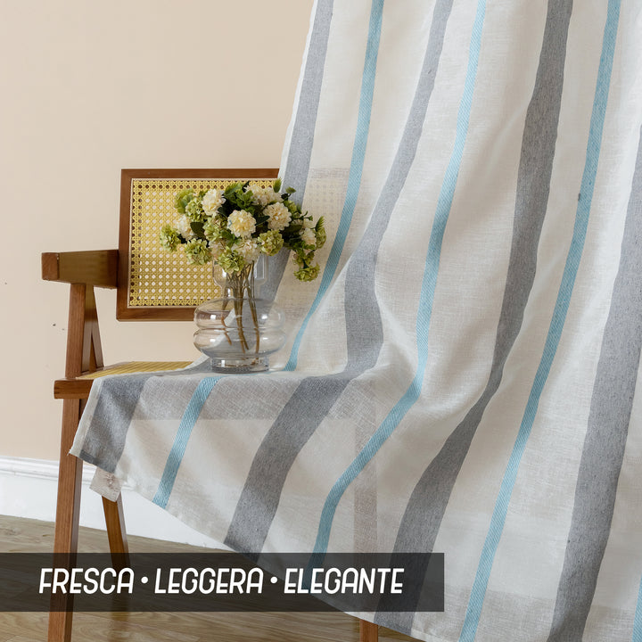 TENDA FILTRANTE EFFETTO LINO A RIGHE 1 PANNELLO 140X275CM GRIGIO+CELESTE