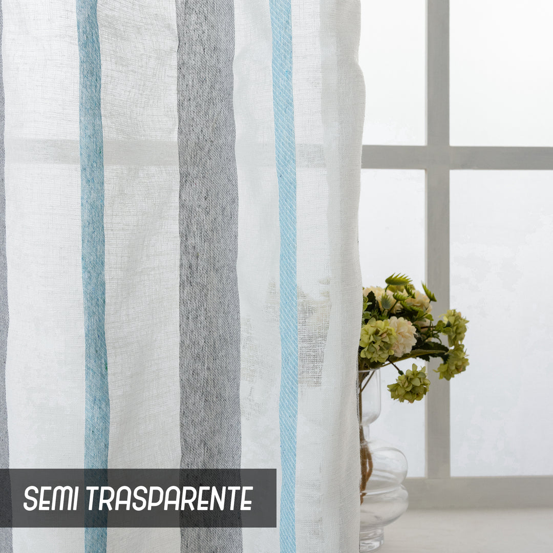 TENDA FILTRANTE EFFETTO LINO A RIGHE 1 PANNELLO 140X275CM GRIGIO+CELESTE