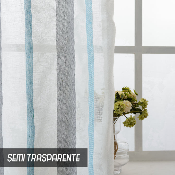 TENDA FILTRANTE EFFETTO LINO A RIGHE 1 PANNELLO 140X275CM GRIGIO+CELESTE