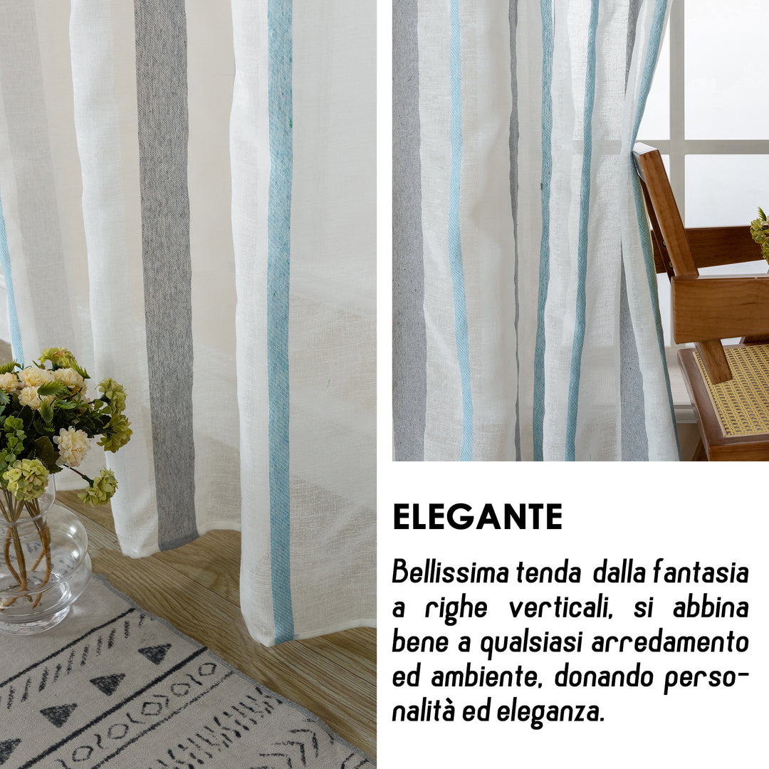 TENDA FILTRANTE EFFETTO LINO A RIGHE 1 PANNELLO 140X275CM GRIGIO+CELESTE