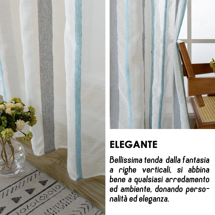 TENDA FILTRANTE EFFETTO LINO A RIGHE 1 PANNELLO 140X275CM GRIGIO+CELESTE