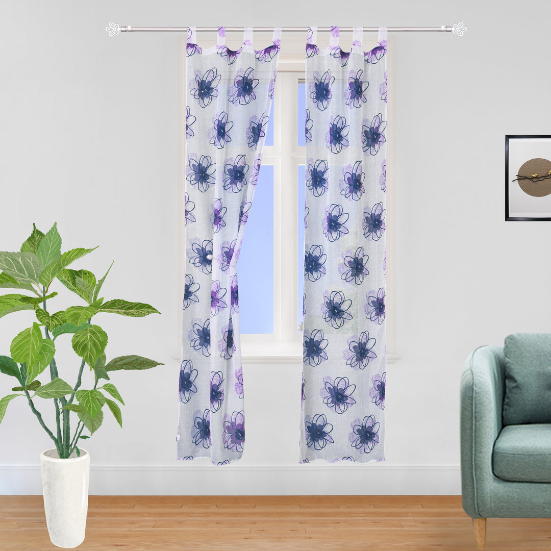 COPPIA TENDE SEMI TRASPARENTI EFFETTO LINO FANTASIA FIORI 2X70X235CM VIOLA