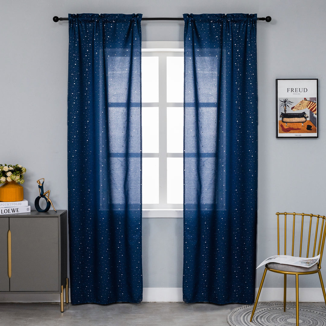 COPPIA TENDE LOLLAND SEMI OSCURANTI FANTASIA STELLINE ARGENTATE 2X70X240CM BLU