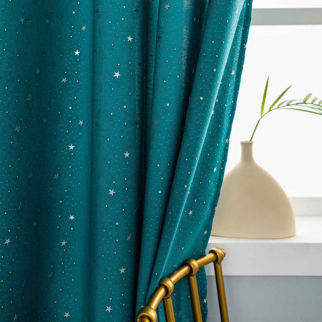 COPPIA TENDE LOLLAND SEMI OSCURANTI FANTASIA STELLINE ARGENTATE 2X70X240CM VERDE ACQUA