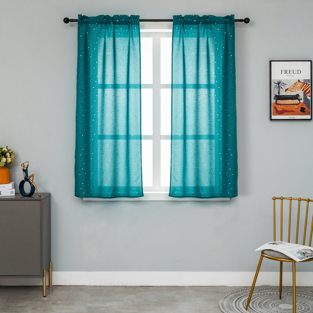 COPPIA TENDE LOLLAND SEMI OSCURANTI FANTASIA STELLINE ARGENTATE 2X70X150CM VERDE ACQUA