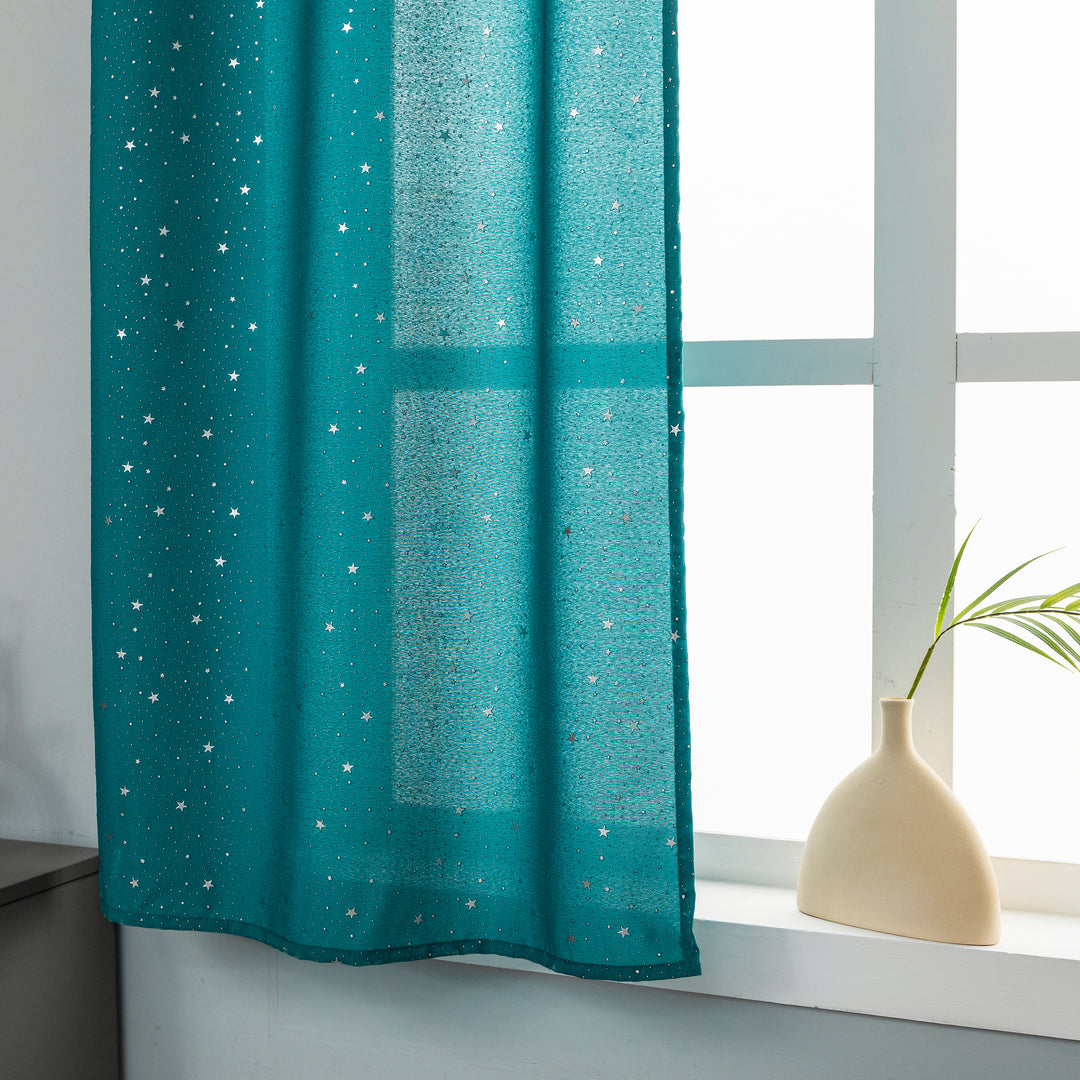 COPPIA TENDE LOLLAND SEMI OSCURANTI FANTASIA STELLINE ARGENTATE 2X70X150CM VERDE ACQUA