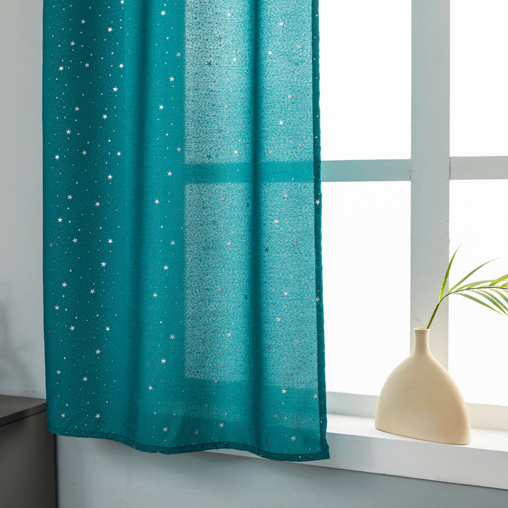 COPPIA TENDE LOLLAND SEMI OSCURANTI FANTASIA STELLINE ARGENTATE 2X70X150CM VERDE ACQUA