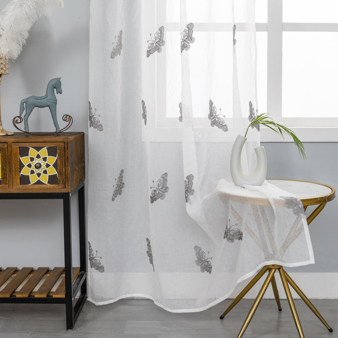 TENDA BIANCA FILTRANTE FANTASIA FARFALLE 1 PANNELLO 140X285CM GRIGIO