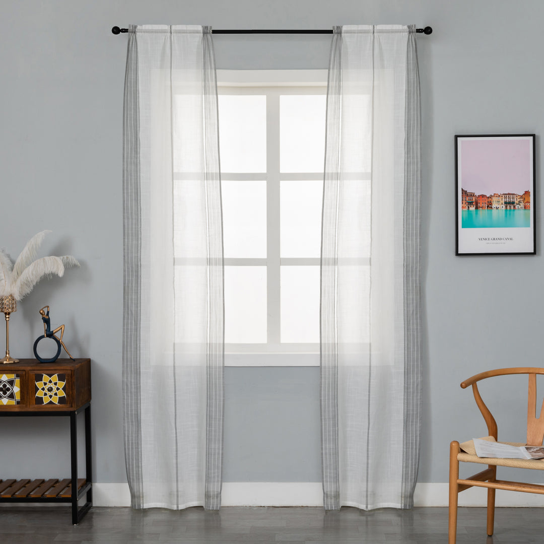 COPPIA TENDE BIANCHE FILTRANTI MISTO LINO A RIGHE 2X60X240CM GRIGIO